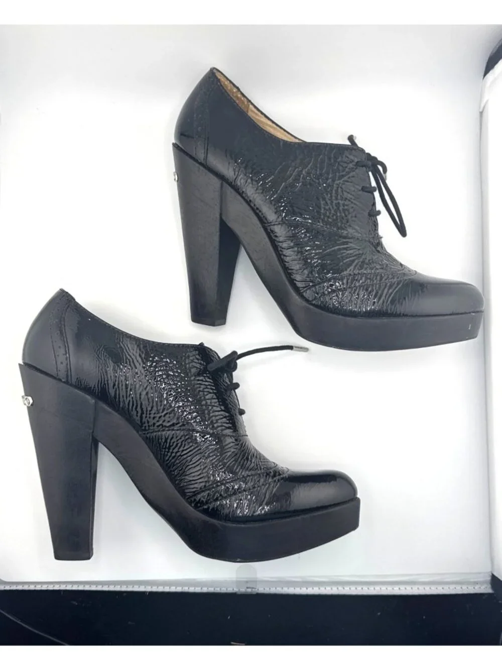 Michael Kors Panama Oxford Heels 8.5M Black Patent Leather Platform Office Siren